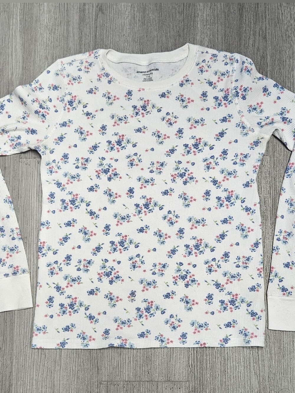 Waffle Tee White Long Sleeve Floral Tee with Blue and Pink Flowers Girls XXL